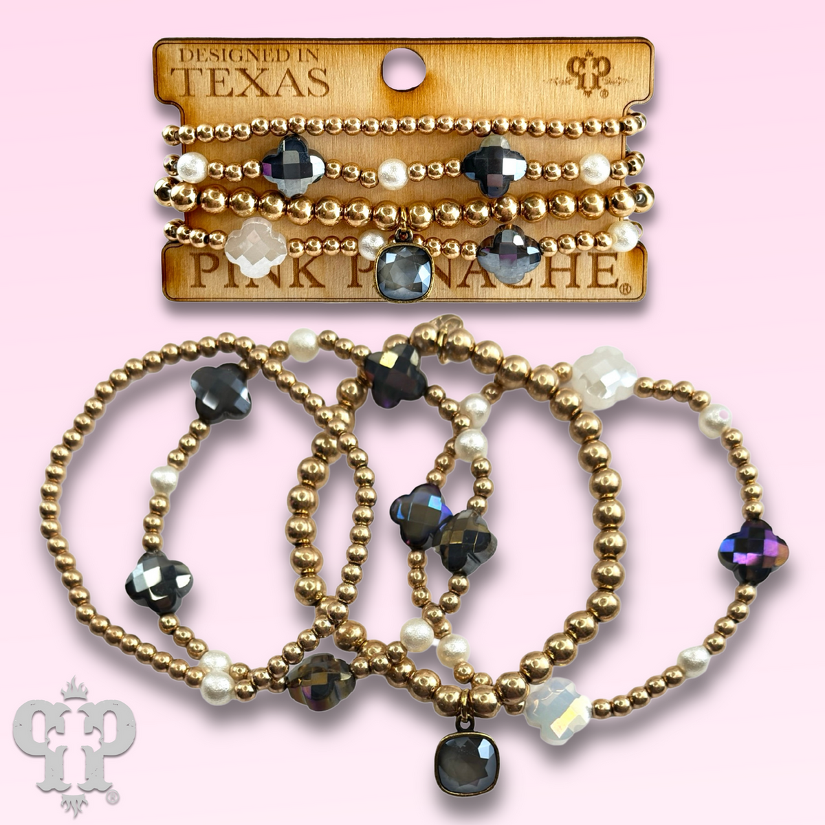 Faceted clover and gold bead bracelet with a crystal from Swarovski®