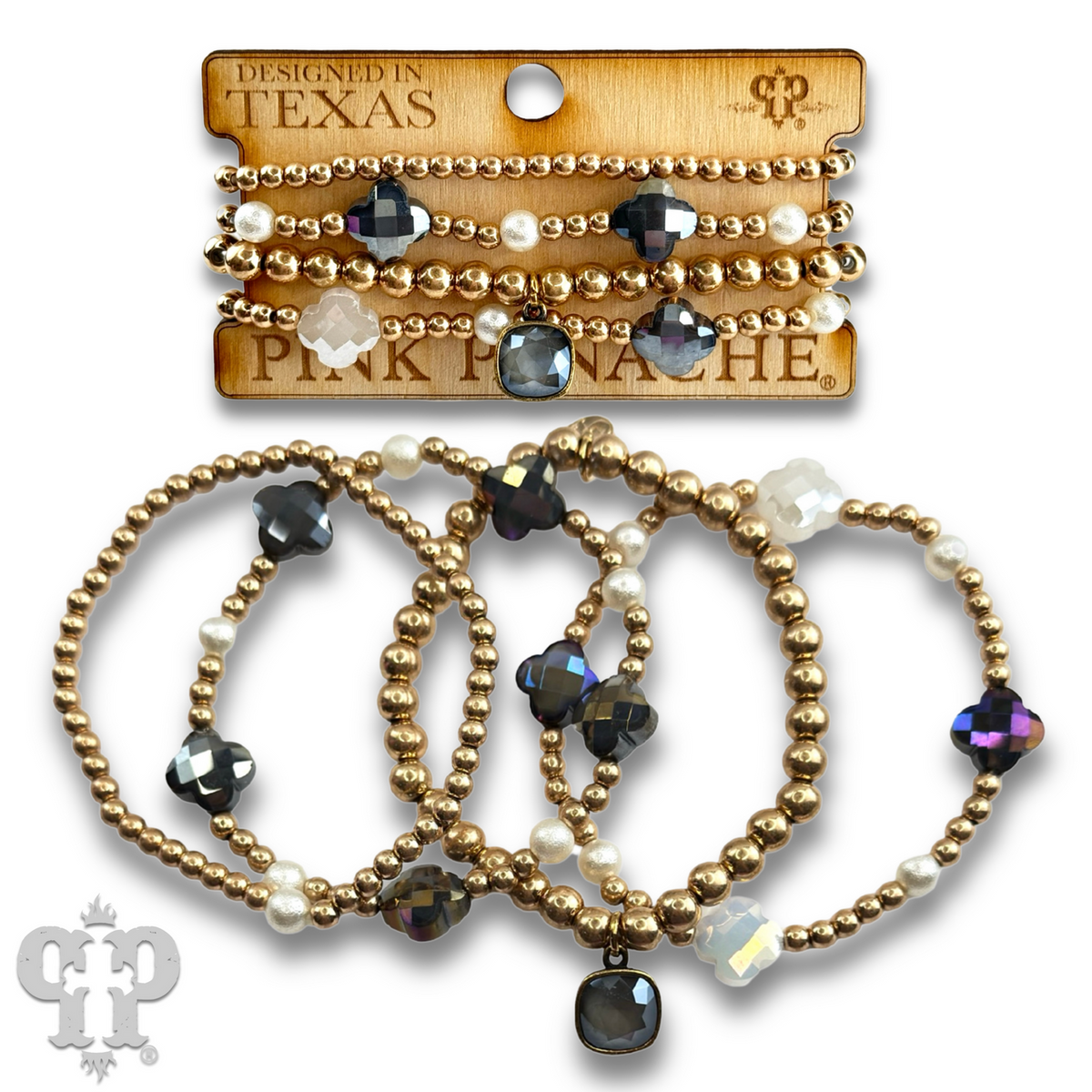 Faceted clover and gold bead bracelet with a crystal from Swarovski®