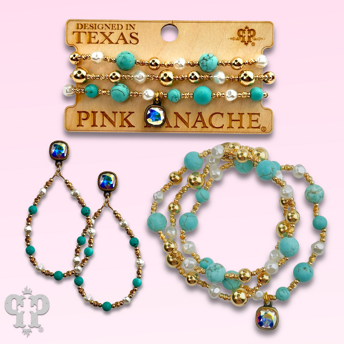 Turquoise and gold teardrop earring with crystals from Swarovski®