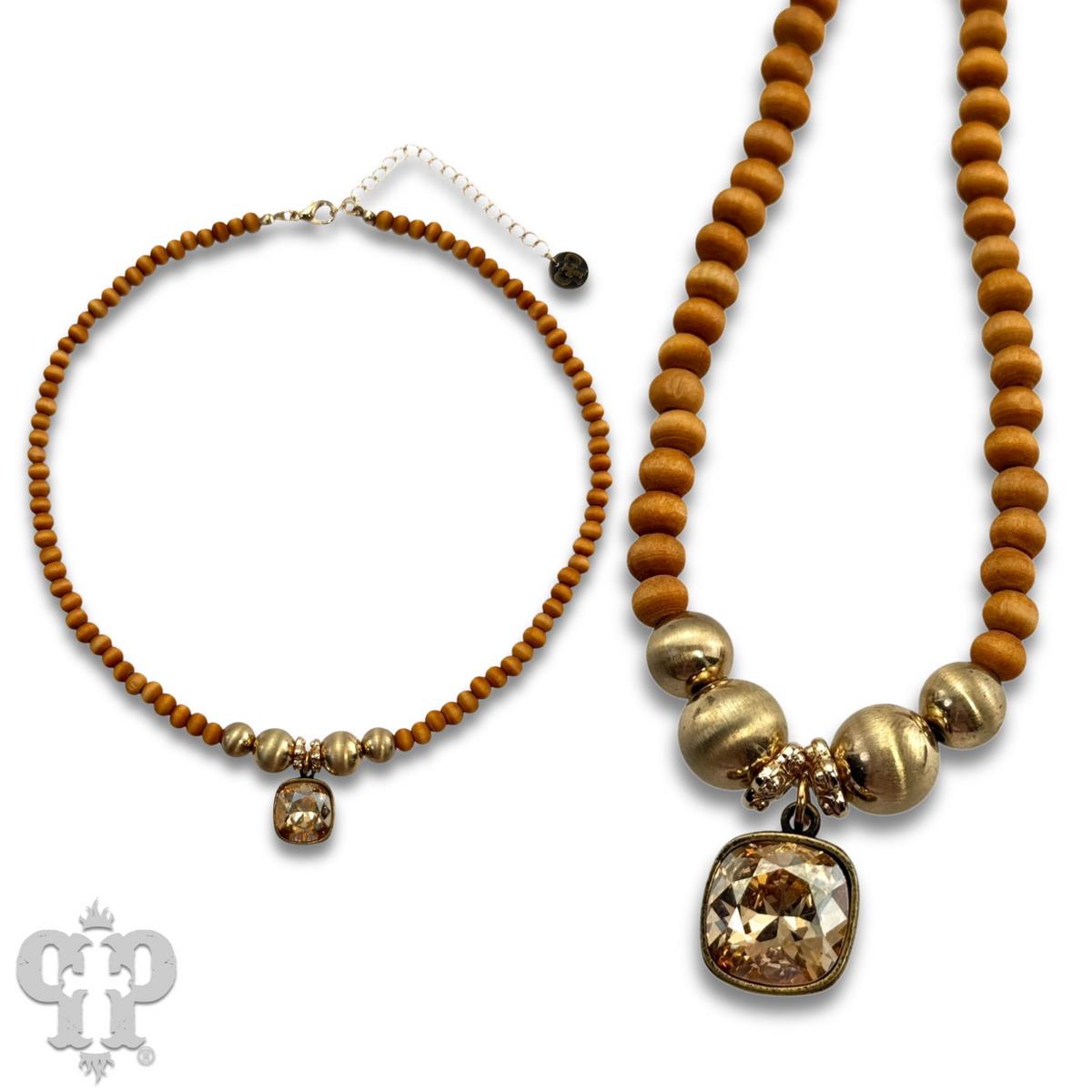 Round wood and brushed gold bead necklace with a crystal from Swarovski®, last call
