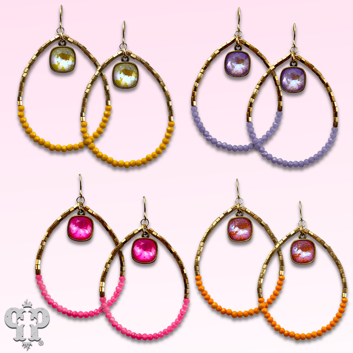 Square and seed bead teardrop earring with crystals from Swarovski®- LC