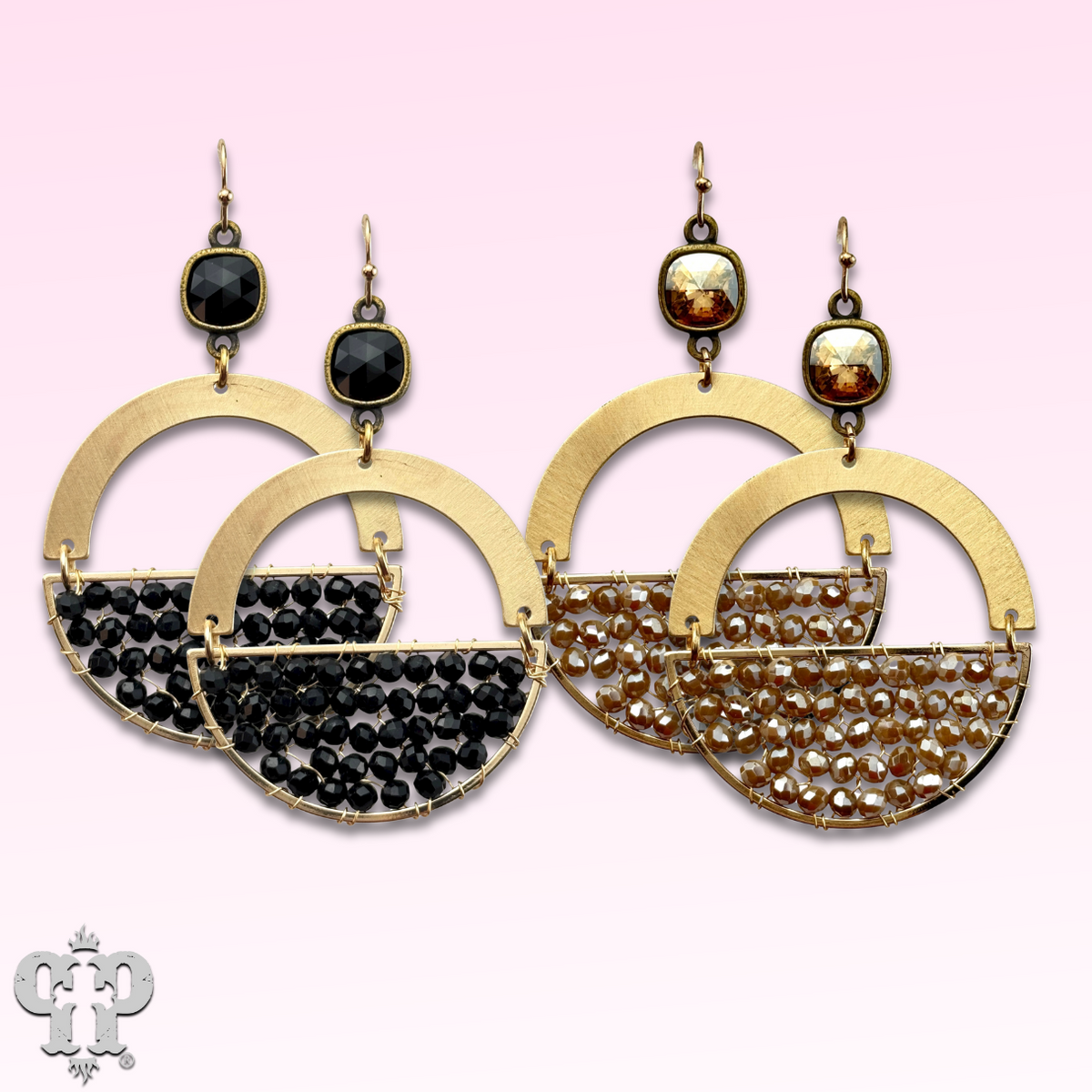 Gold beaded half circle earring with crystals from Swarovski®- LC