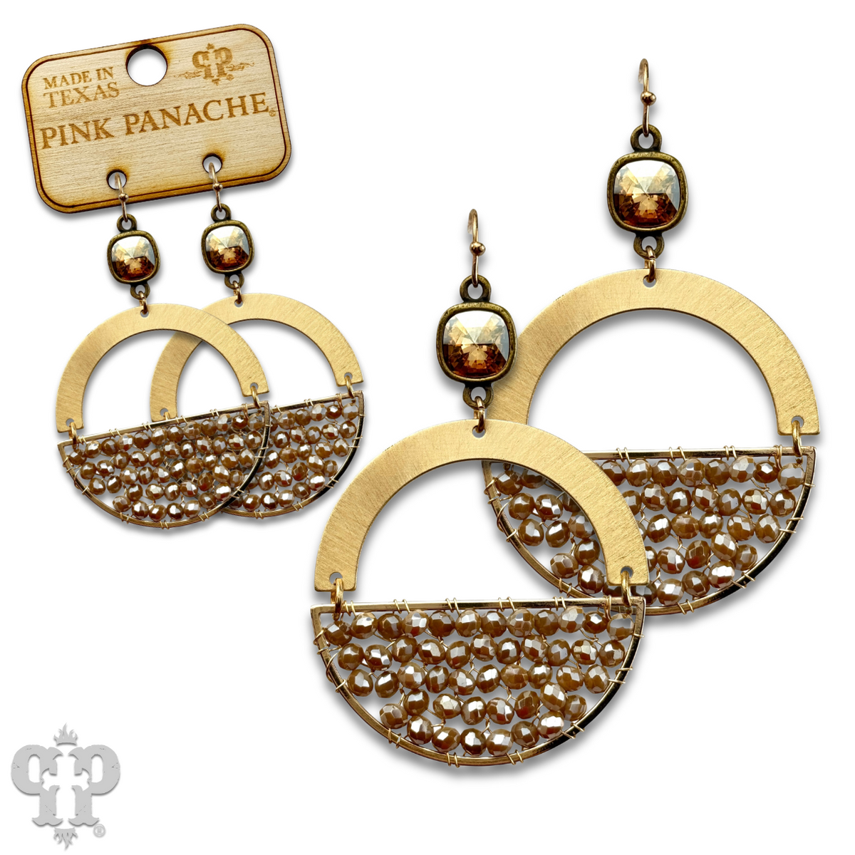 Gold beaded half circle earring with crystals from Swarovski®- LC