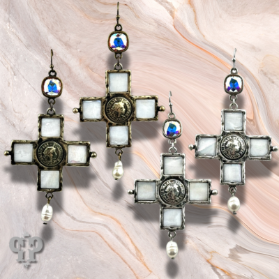 Iridescent pearl cross and coin earring with crystals from Swarovski®