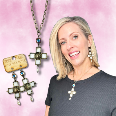 Iridescent pearl cross and coin earring with crystals from Swarovski®