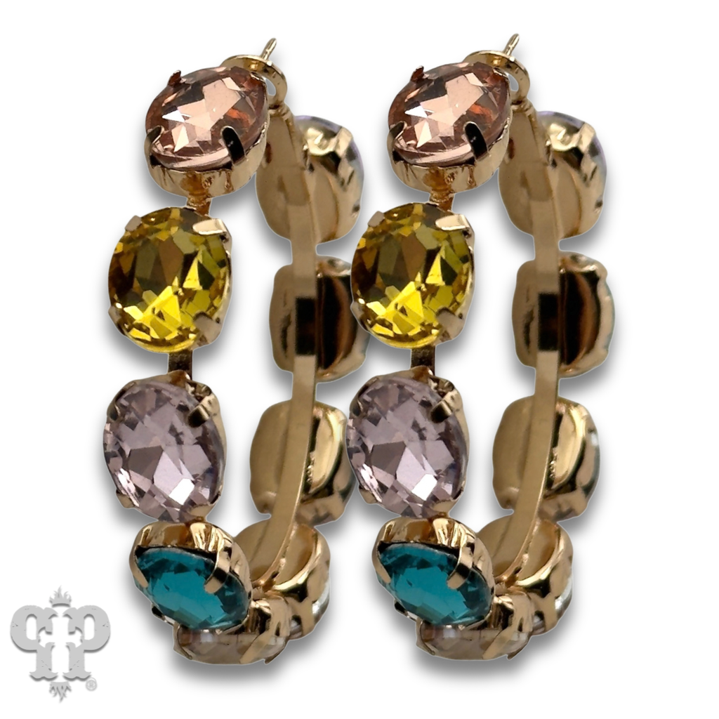 Multi-color oval rhinestone hoop earring - LC