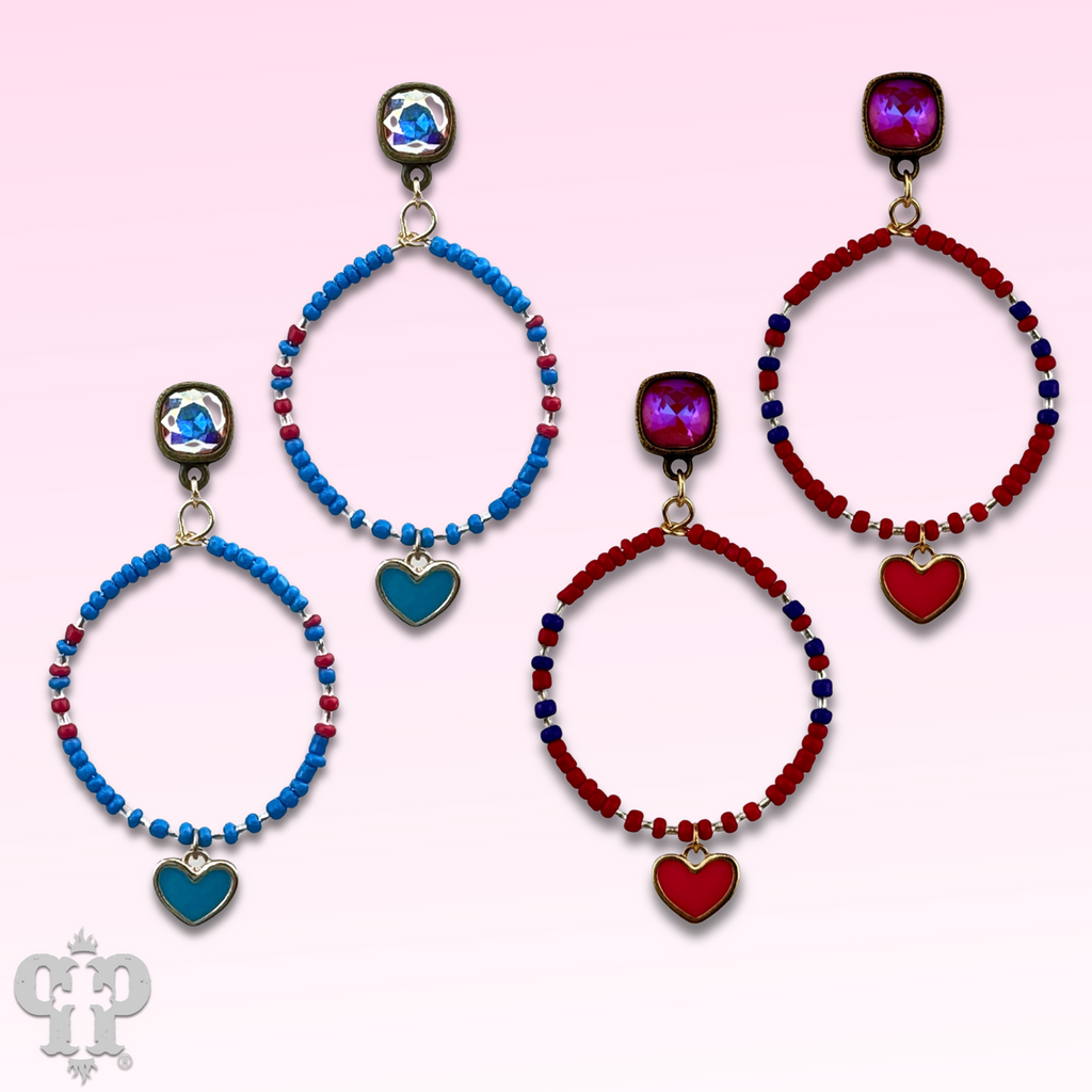 Enamel heart and seed bead earrings with crystals from Swarovski®
