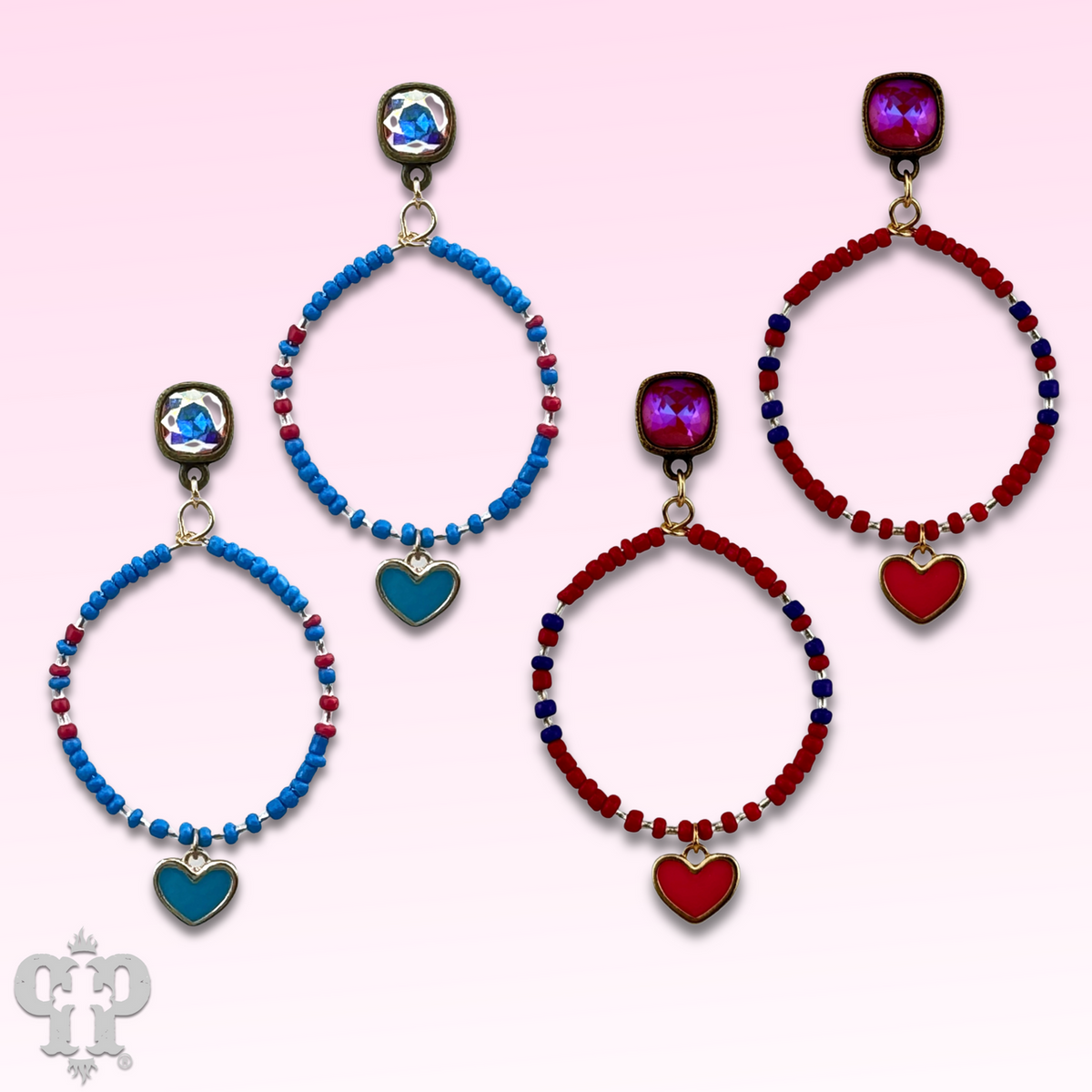 Enamel heart and seed bead earrings with crystals from Swarovski®