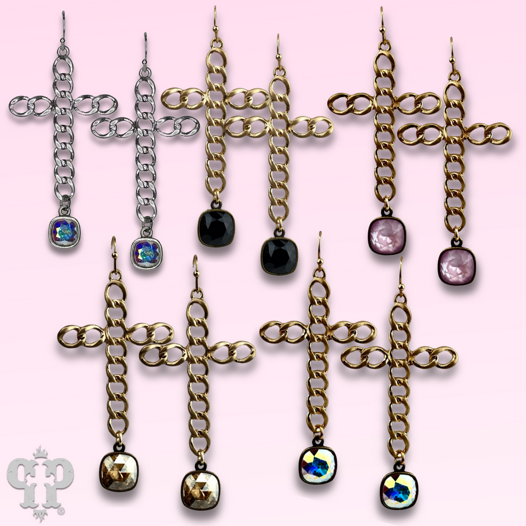 Curb link cross earring with crystals from Swarovski®