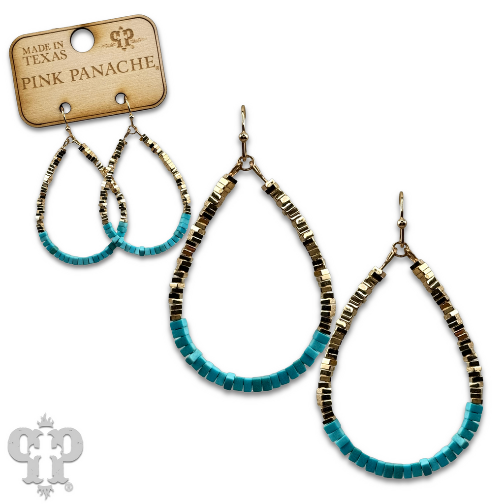 Gold and turquoise square bead teardrop earring