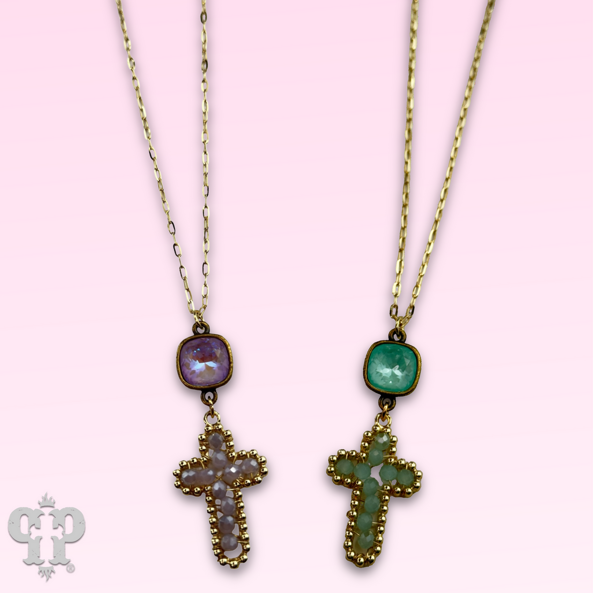 Wire wrapped bead cross necklace with crystal from Swarovski®