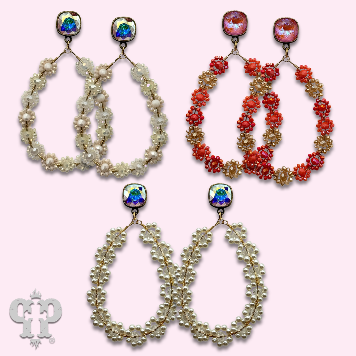 Bead woven flower teardrop earring with crystals from Swarovski®- LC