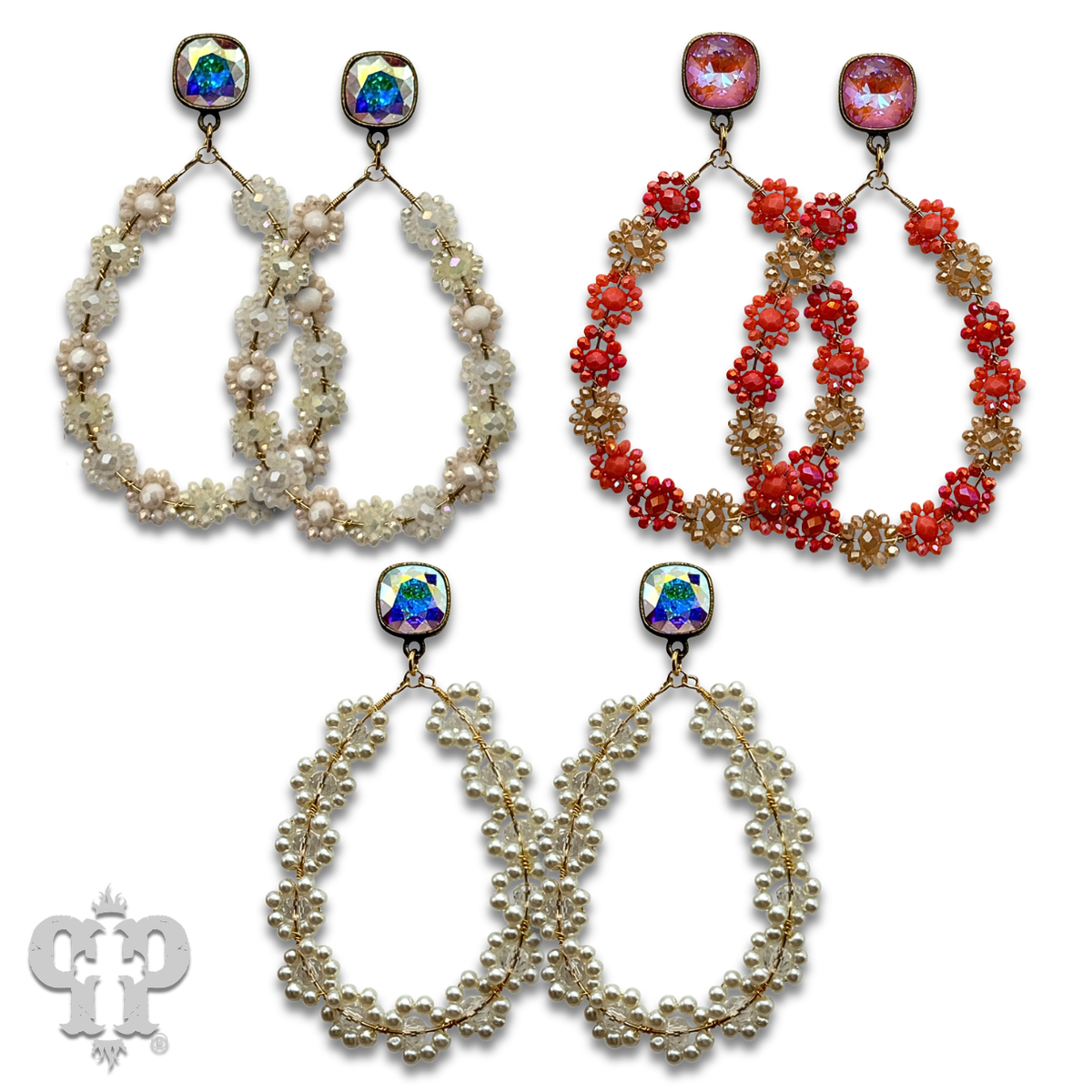 Bead woven flower teardrop earring with crystals from Swarovski®- LC