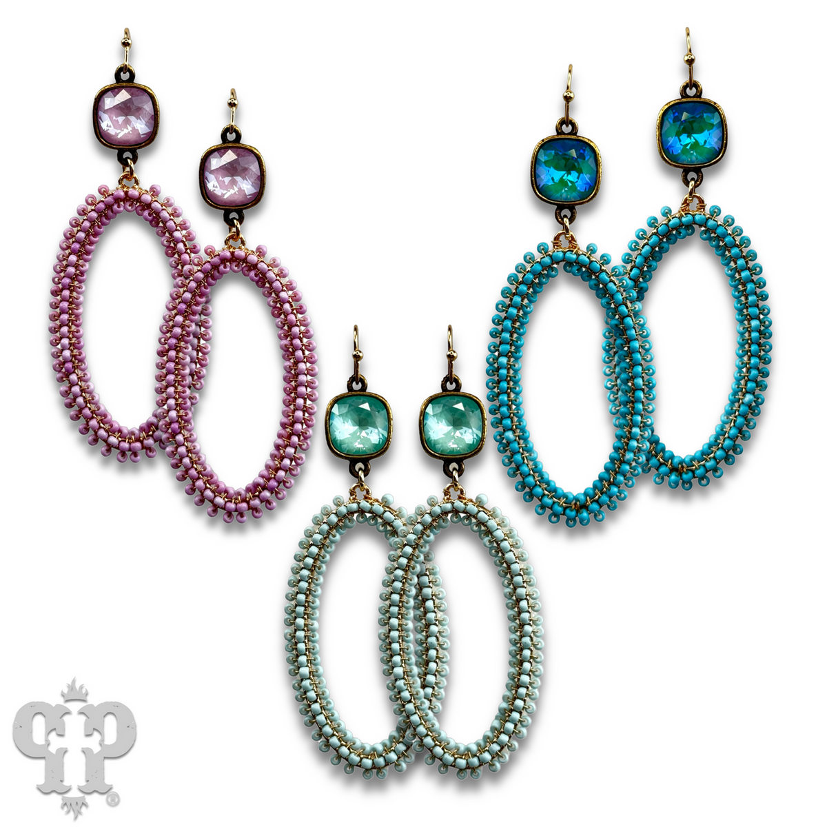 Seed bead wrapped oval shape earring with crystals from Swarovski®