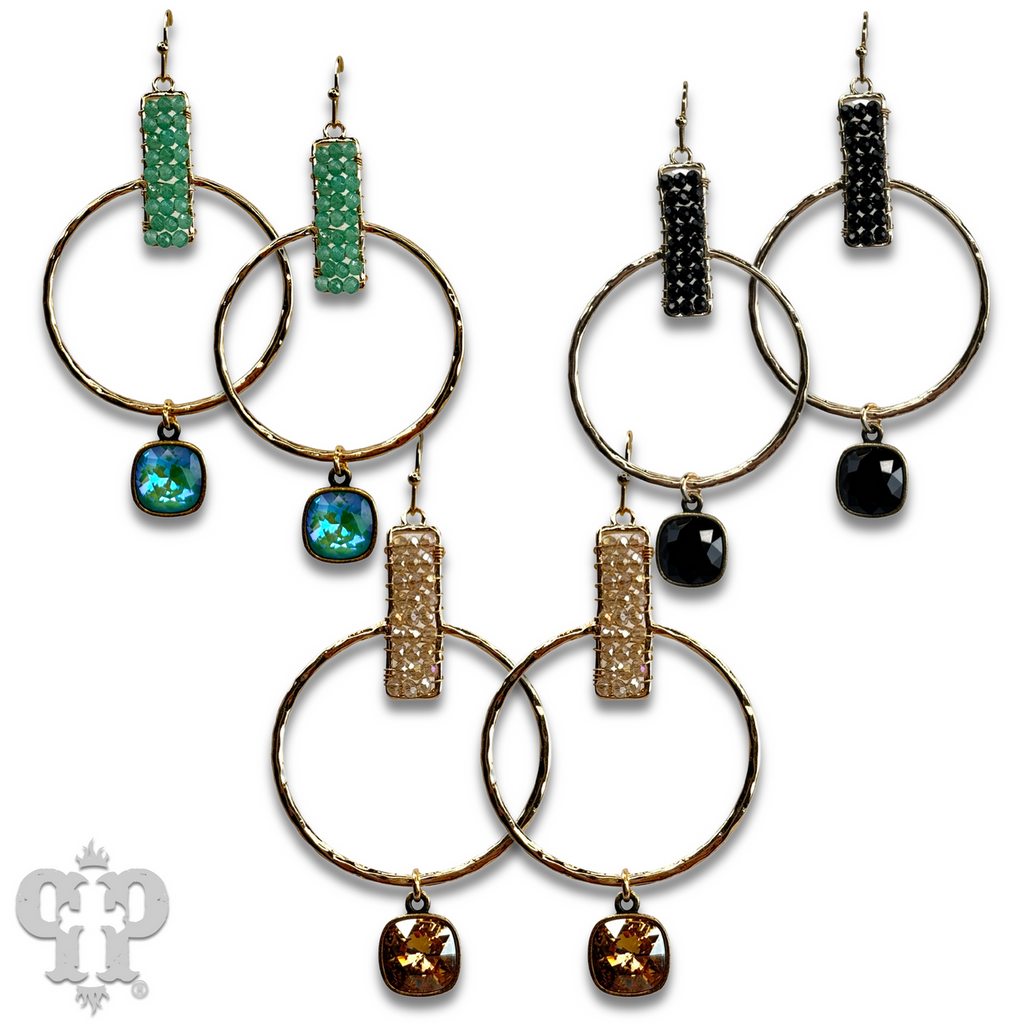 Twisted gold tone circle and seed bead earring with crystals from Swarovski®