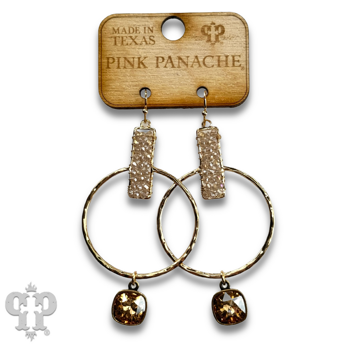 Twisted gold tone circle and seed bead earring with crystals from Swarovski®