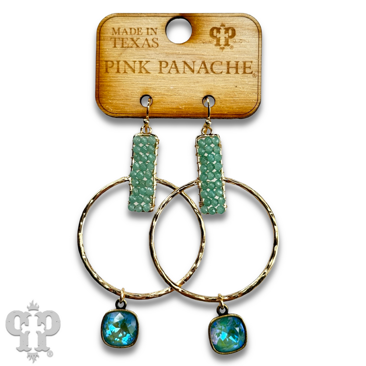 Twisted gold tone circle and seed bead earring with crystals from Swarovski®