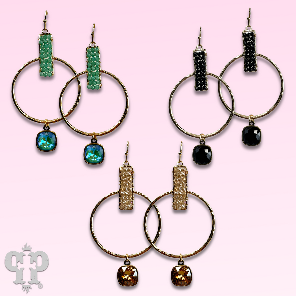 Twisted gold tone circle and seed bead earring with crystals from Swarovski®