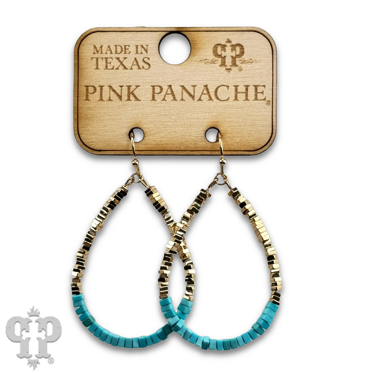 Gold and turquoise square bead teardrop earring