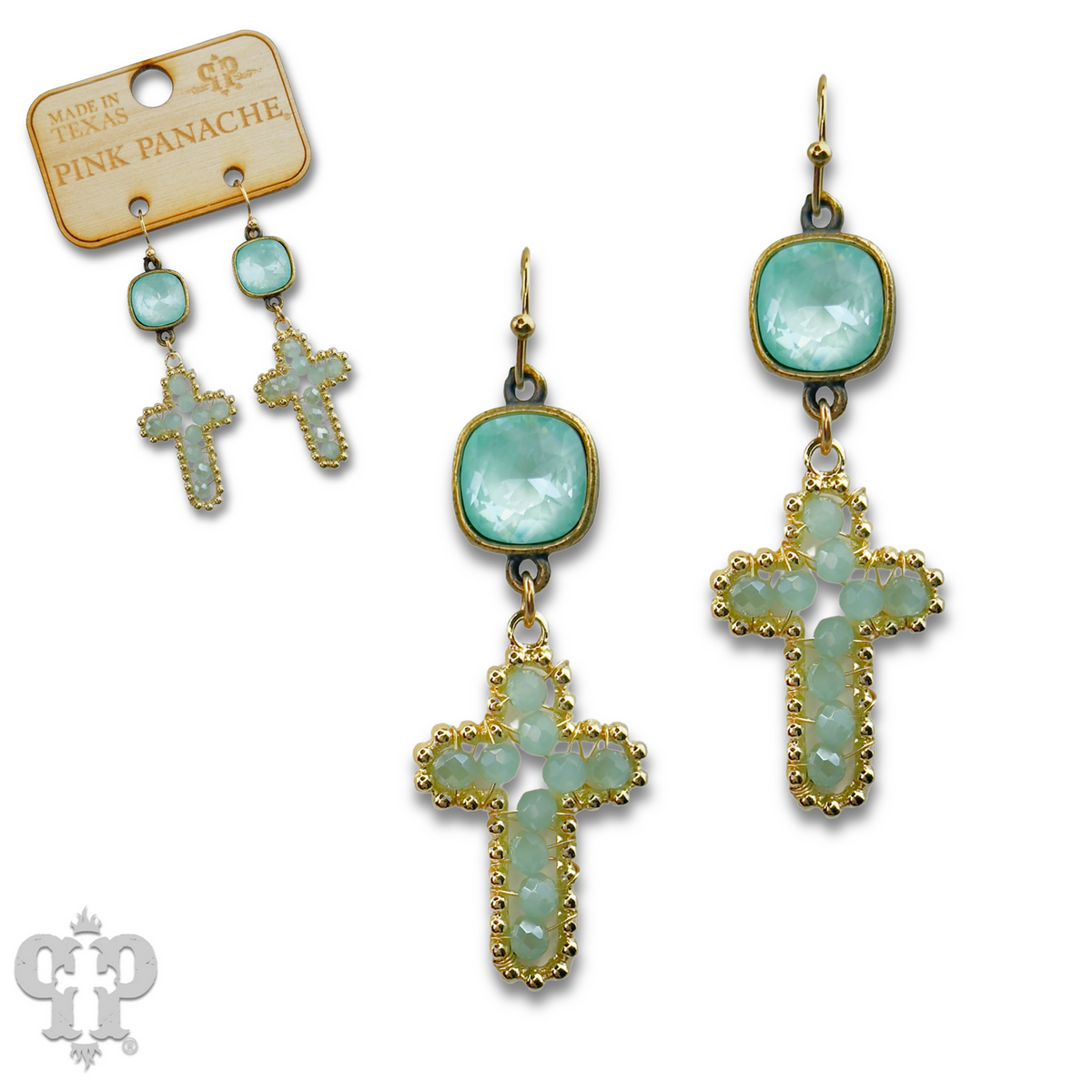 Wire wrapped bead cross earring with crystals from Swarovski®