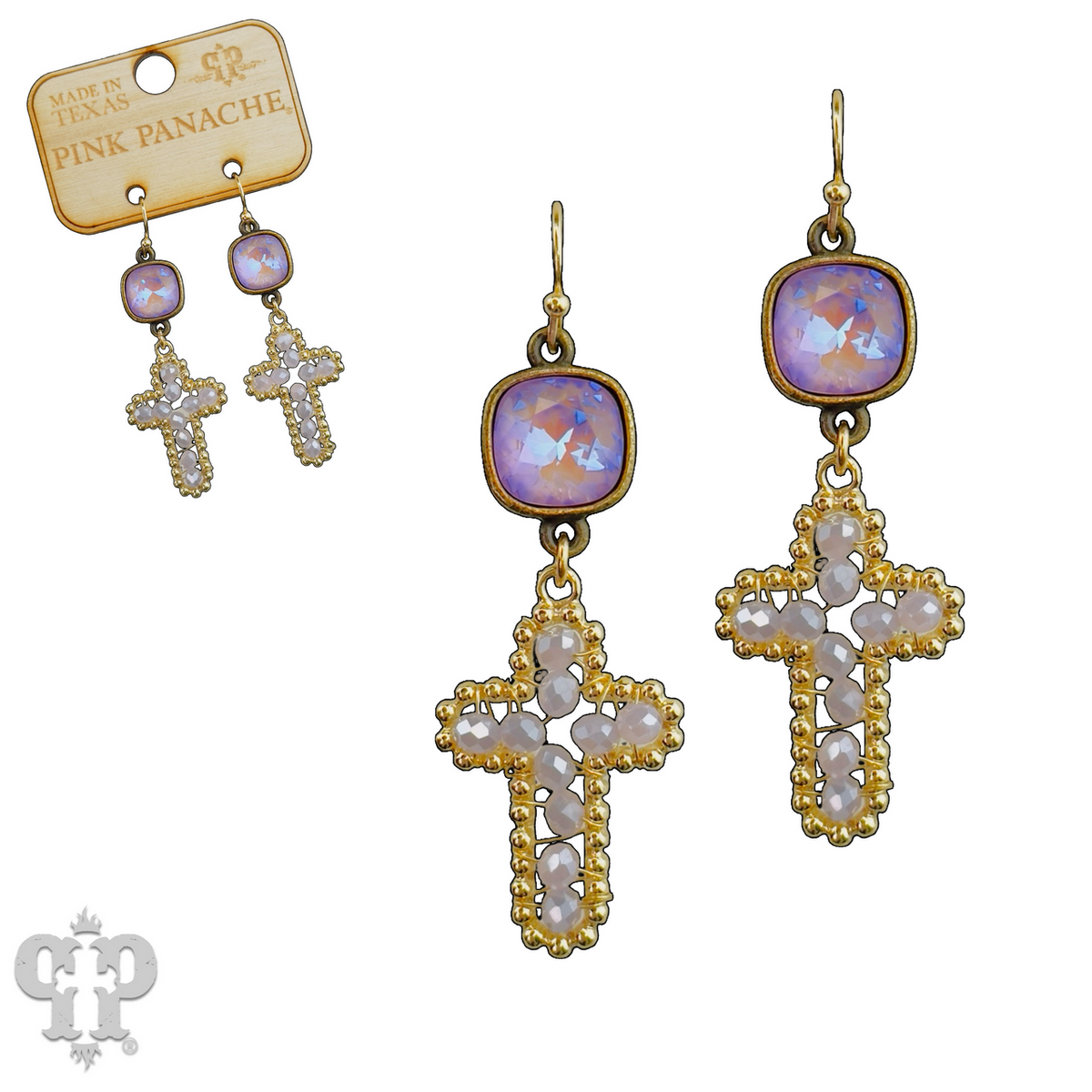 Wire wrapped bead cross earring with crystals from Swarovski®