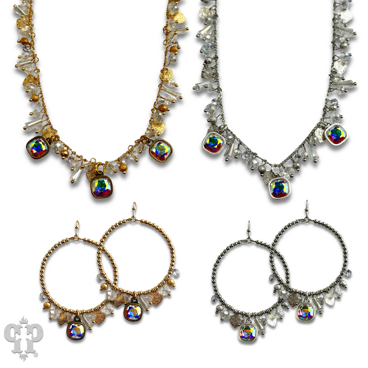 Heart and bead charm fringe necklace with crystal from Swarovski®