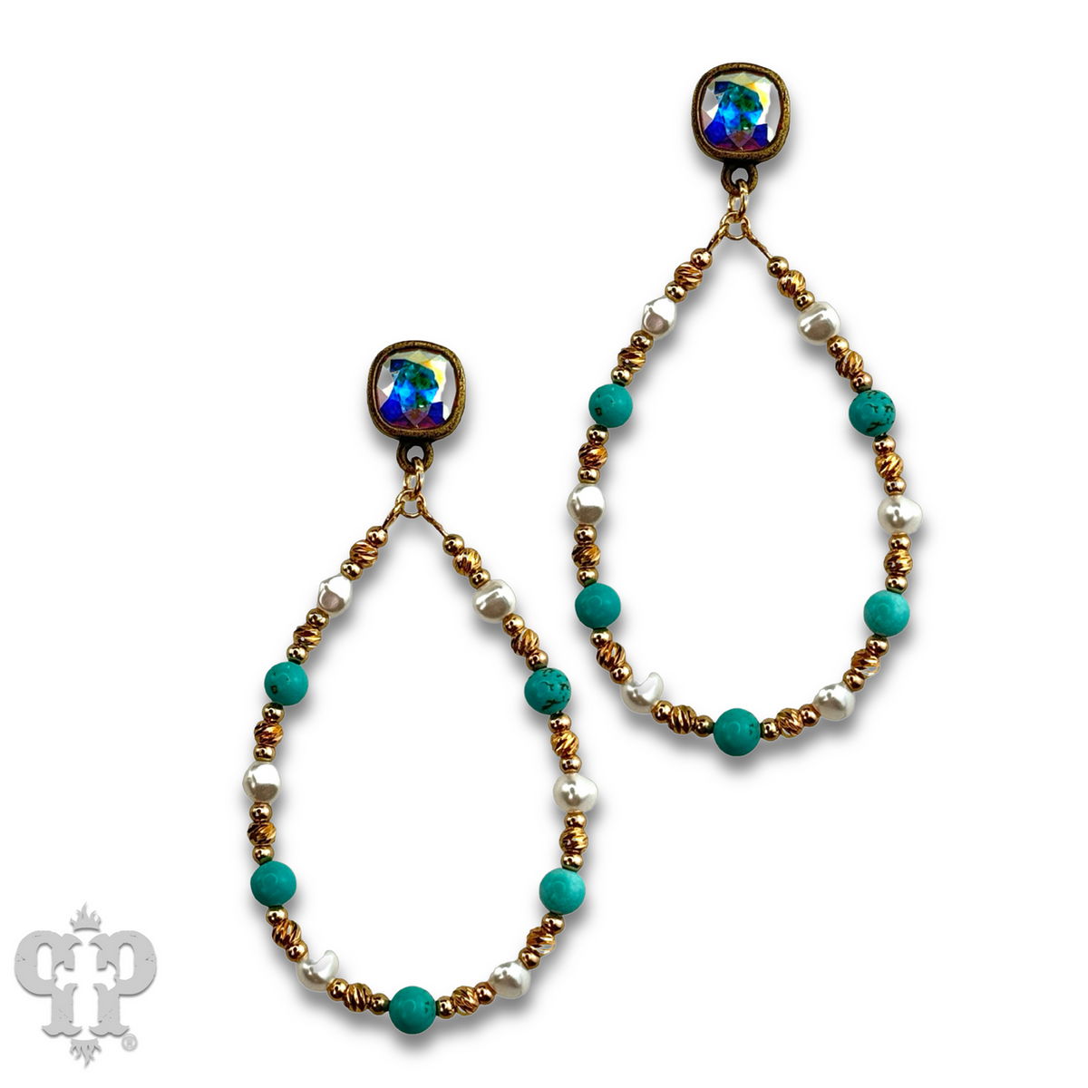 Turquoise and gold teardrop earring with crystals from Swarovski®
