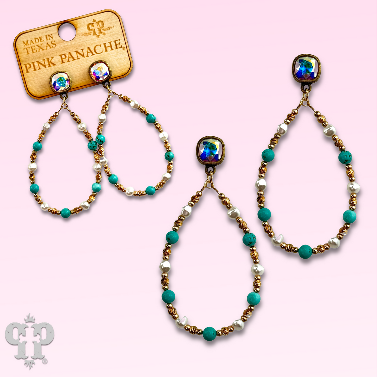 Turquoise and gold teardrop earring with crystals from Swarovski®