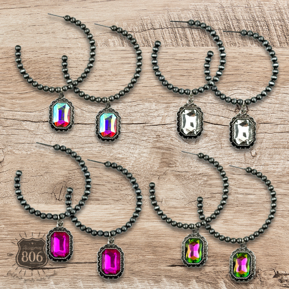Navajo style bead hoop earring, octagon rhinestone charm