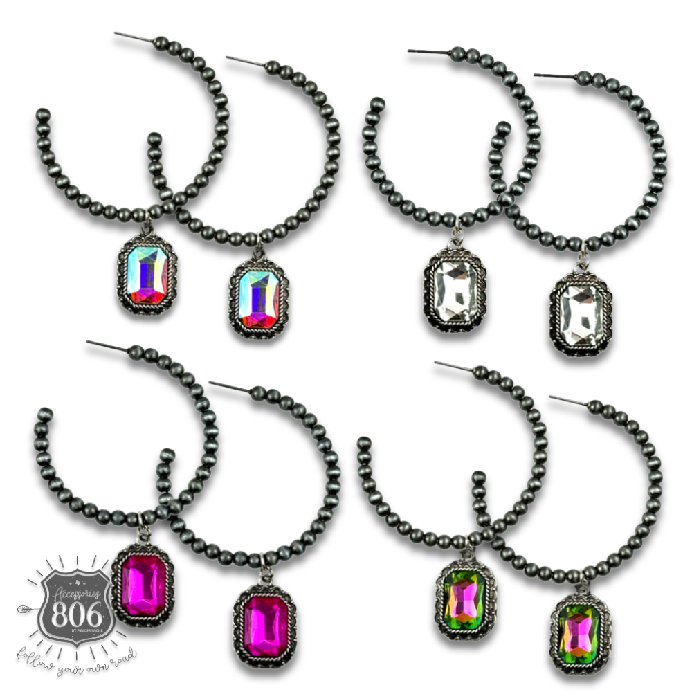 Navajo style bead hoop earring, octagon rhinestone charm