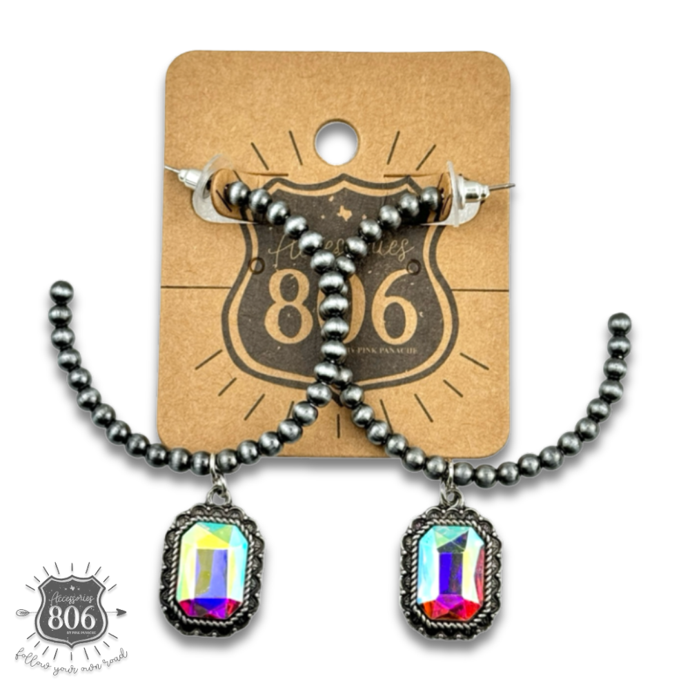 Navajo style bead hoop earring, octagon rhinestone charm