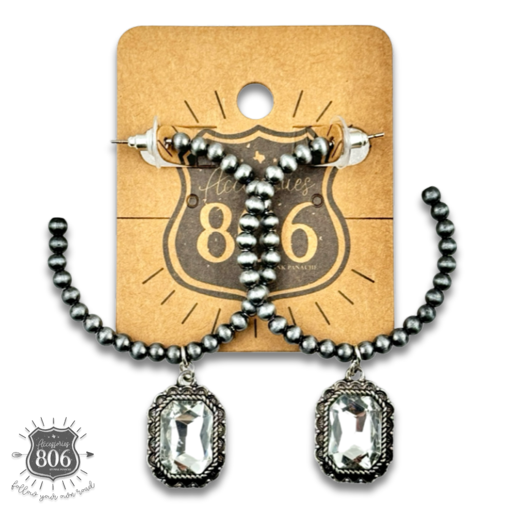Navajo style bead hoop earring, octagon rhinestone charm