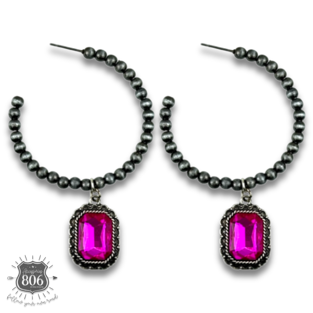 Navajo style bead hoop earring, octagon rhinestone charm