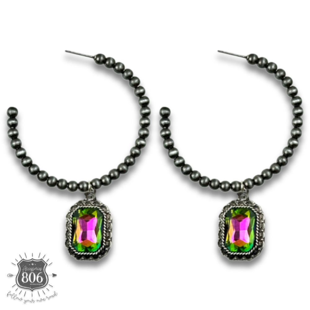 Navajo style bead hoop earring, octagon rhinestone charm