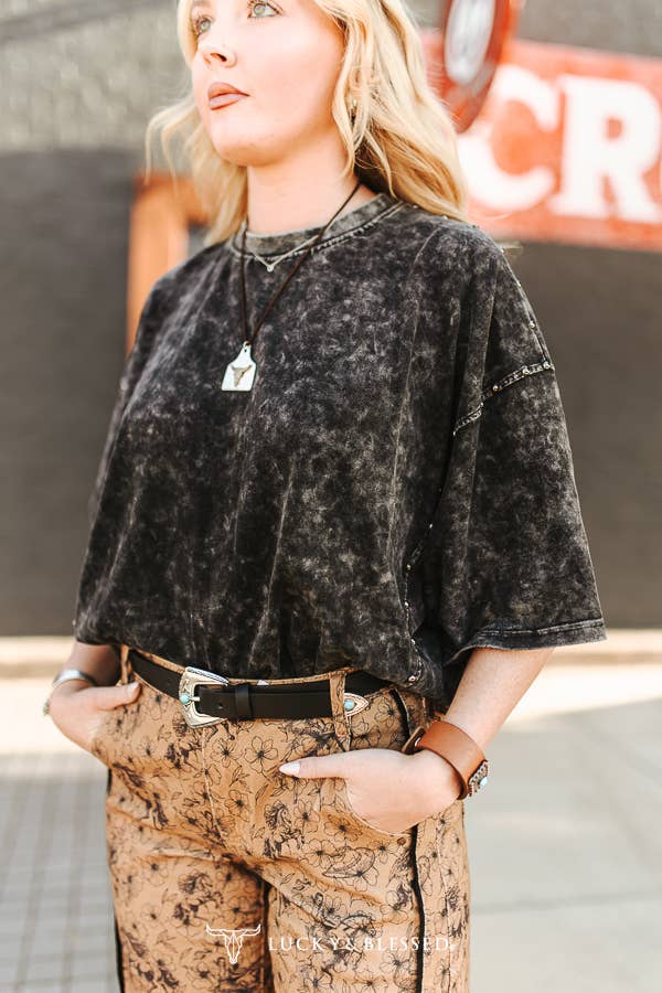 Black Mineral Wash Studded Oversized Boyfriend Tee XL-3XL