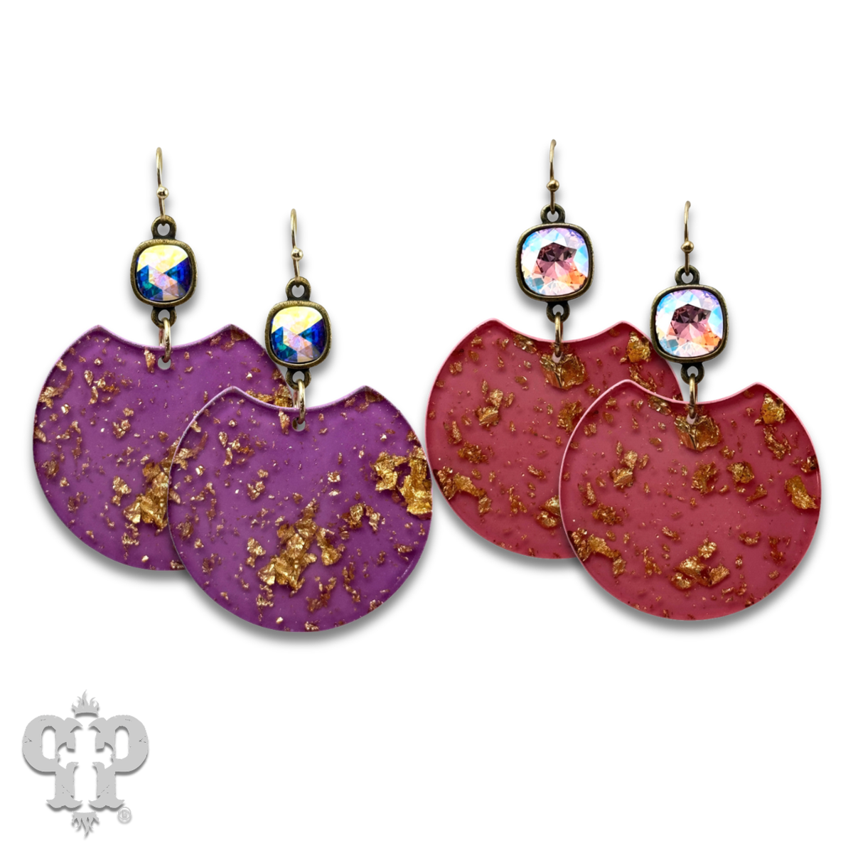 Acrylic disc earring with gold flecks and crystals from Swarovski®- last call