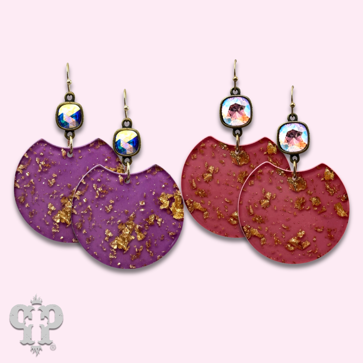 Acrylic disc earring with gold flecks and crystals from Swarovski®- last call