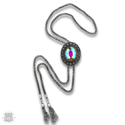 Western silver bolo necklace with oval stone slide
