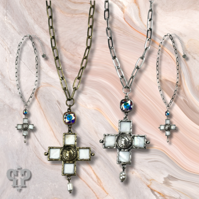 Iridescent pearl cross and coin necklace with crystals from Swarovski®