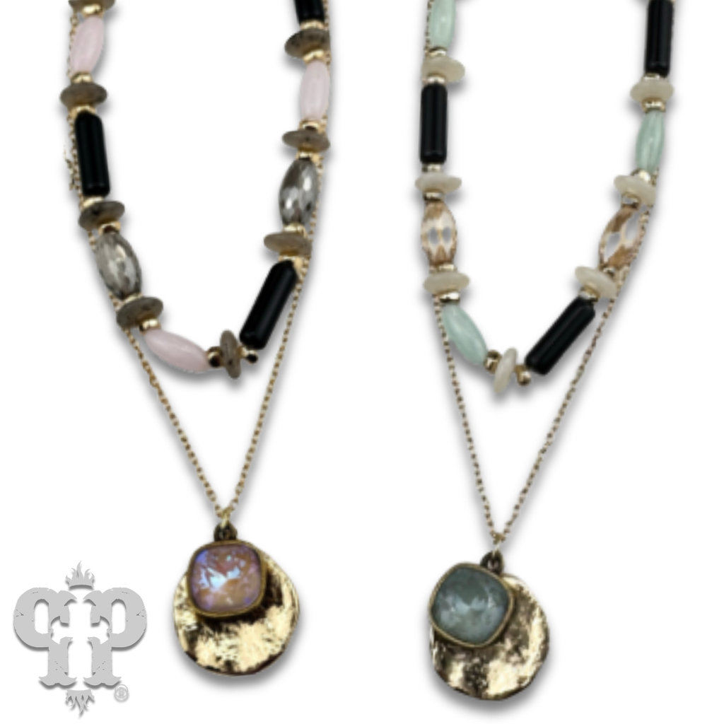 Mixed bead necklace with disc charm with crystals from Swarovski®