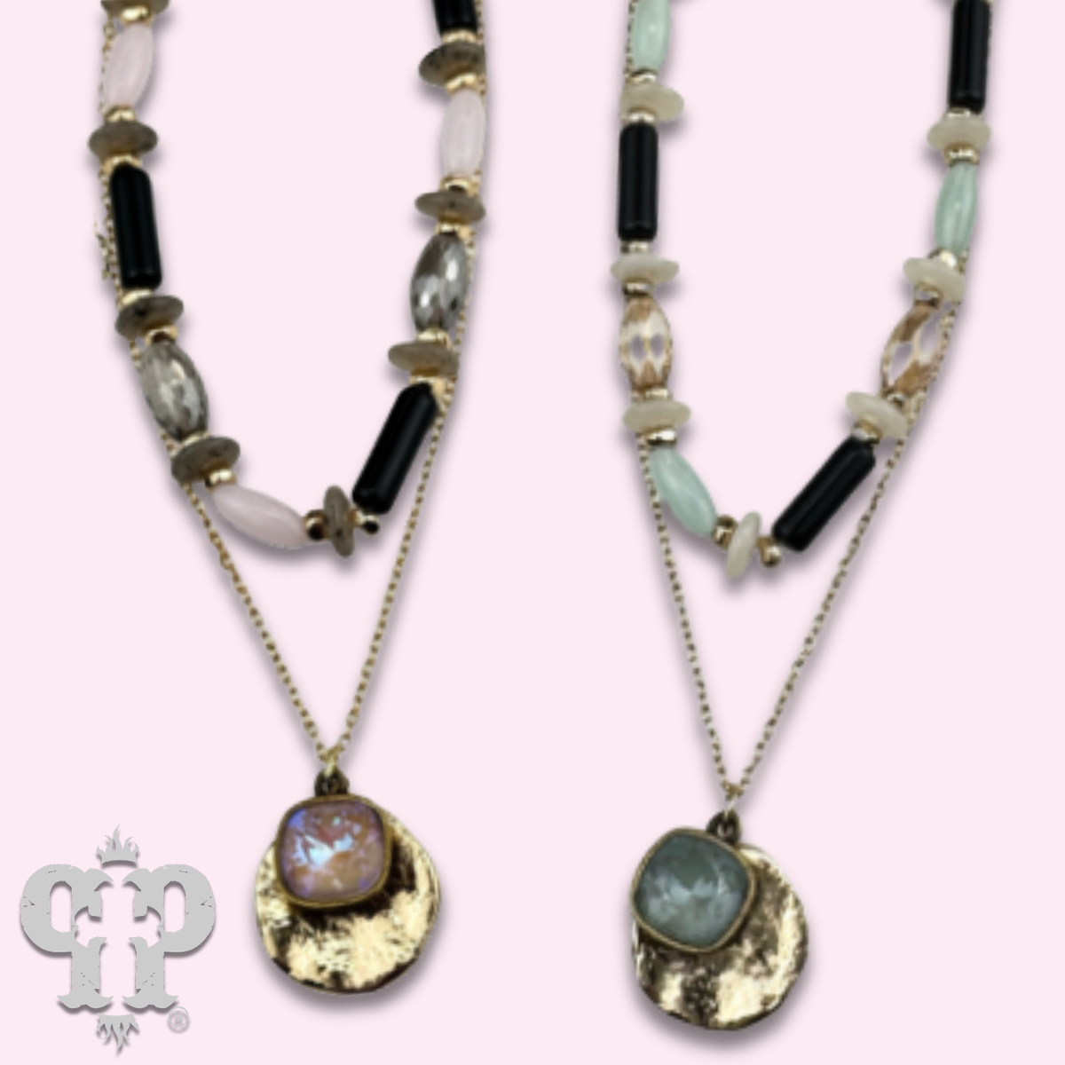 Mixed bead necklace with disc charm with crystals from Swarovski®