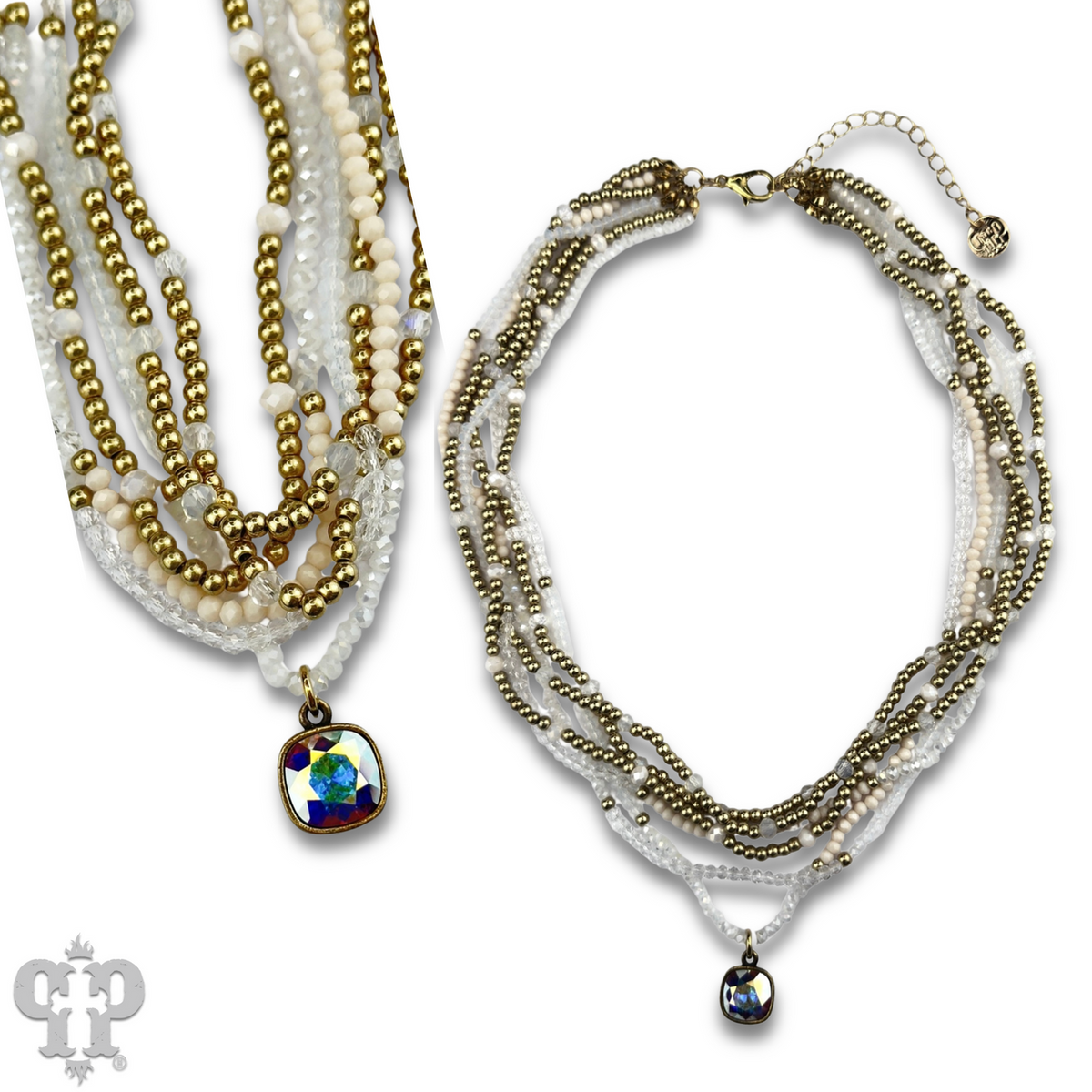 Gold tone and glass bead necklace with crystals from Swarovski®