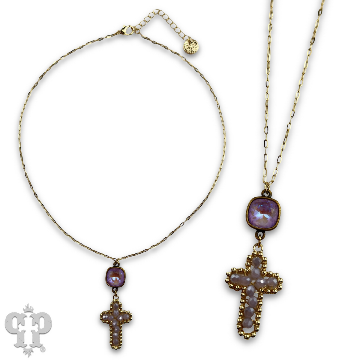 Wire wrapped bead cross necklace with crystal from Swarovski®