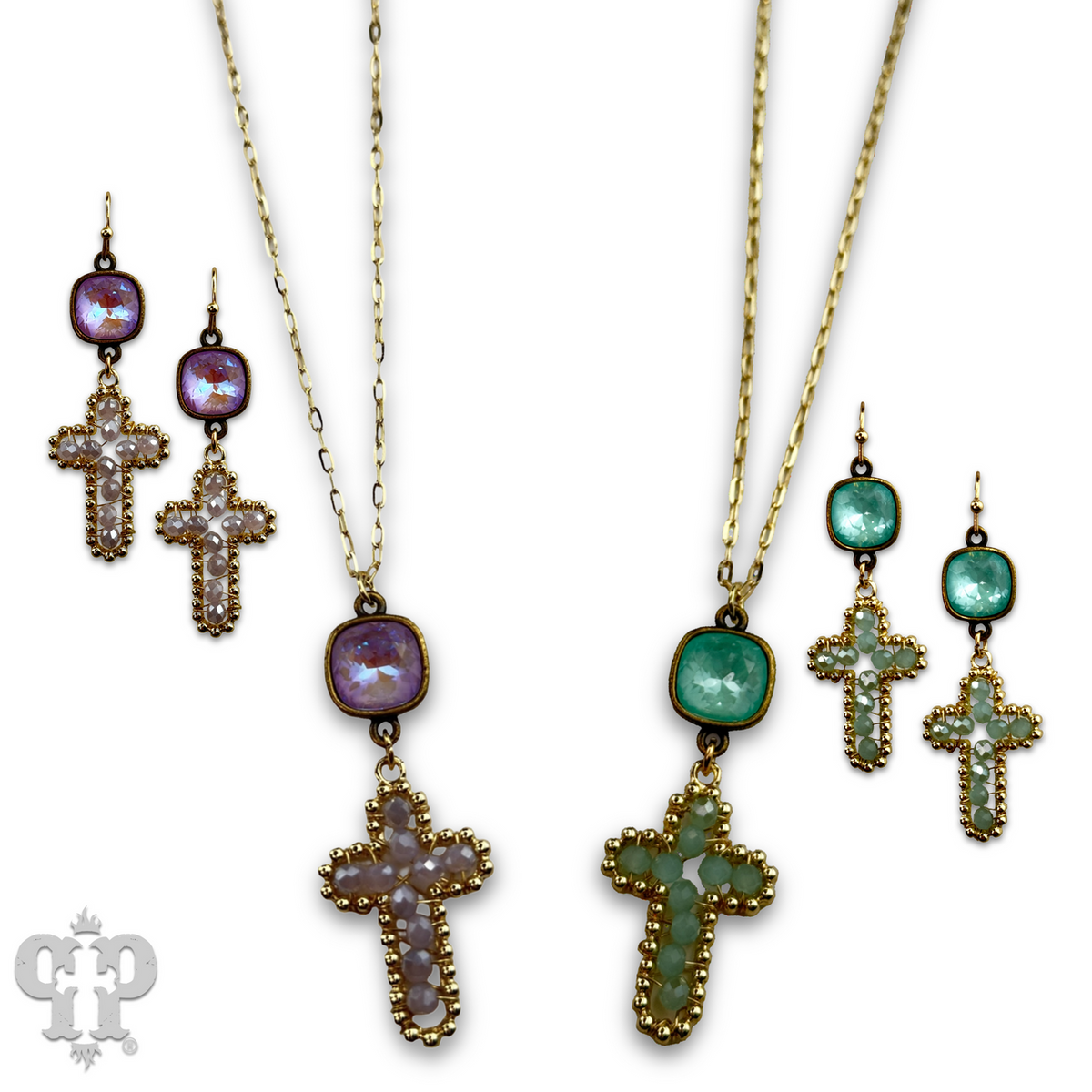 Wire wrapped bead cross necklace with crystal from Swarovski®