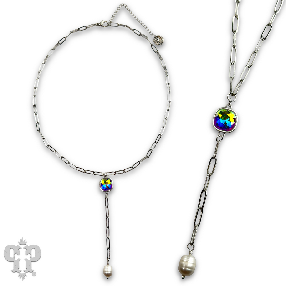 Pearl drop chain necklace with crystal from Swarovski®