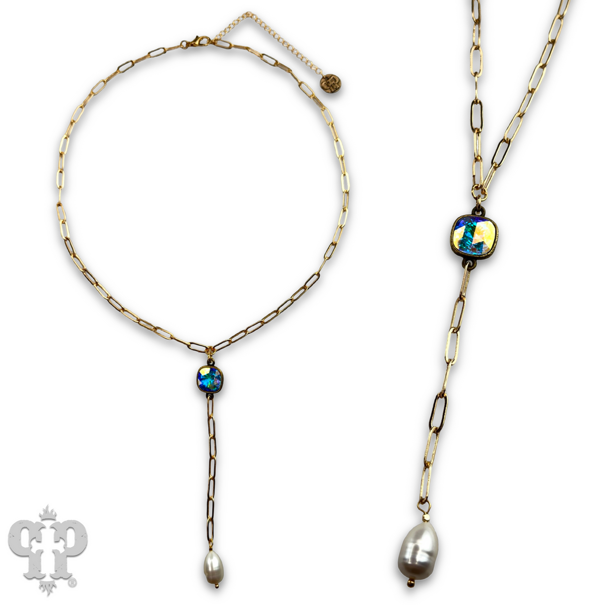 Pearl drop chain necklace with crystal from Swarovski®
