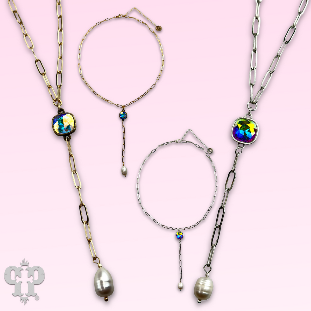Pearl drop chain necklace with crystal from Swarovski®