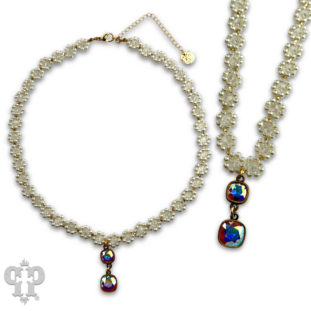 Bead woven flower necklace with crystal from Swarovski®