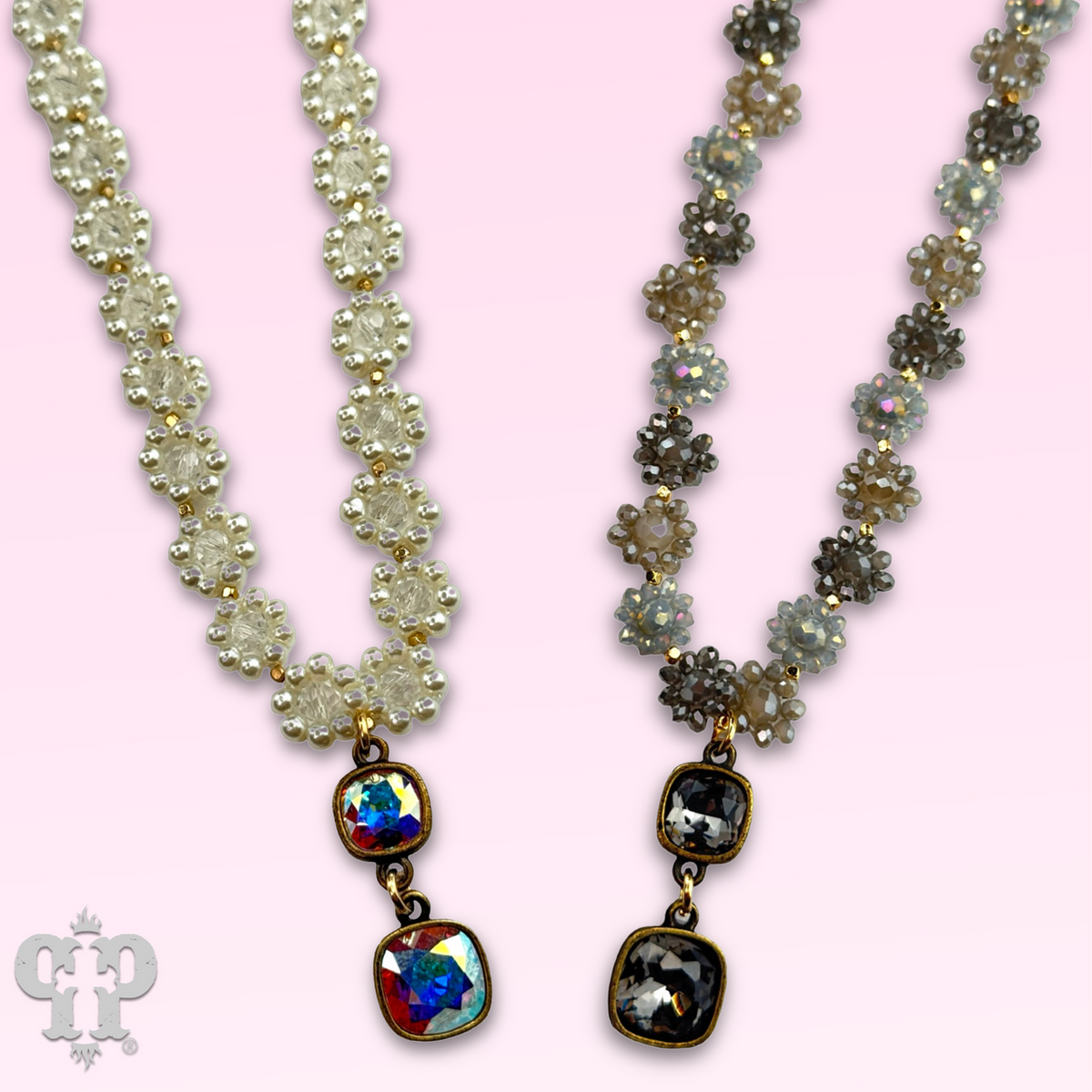 Bead woven flower necklace with crystal from Swarovski®