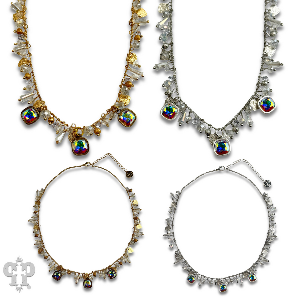 Heart and bead charm fringe necklace with crystal from Swarovski®